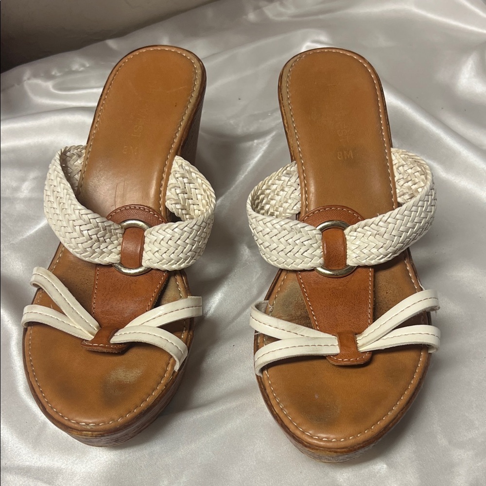 Nine West Cream and Tan Wedge Sandals